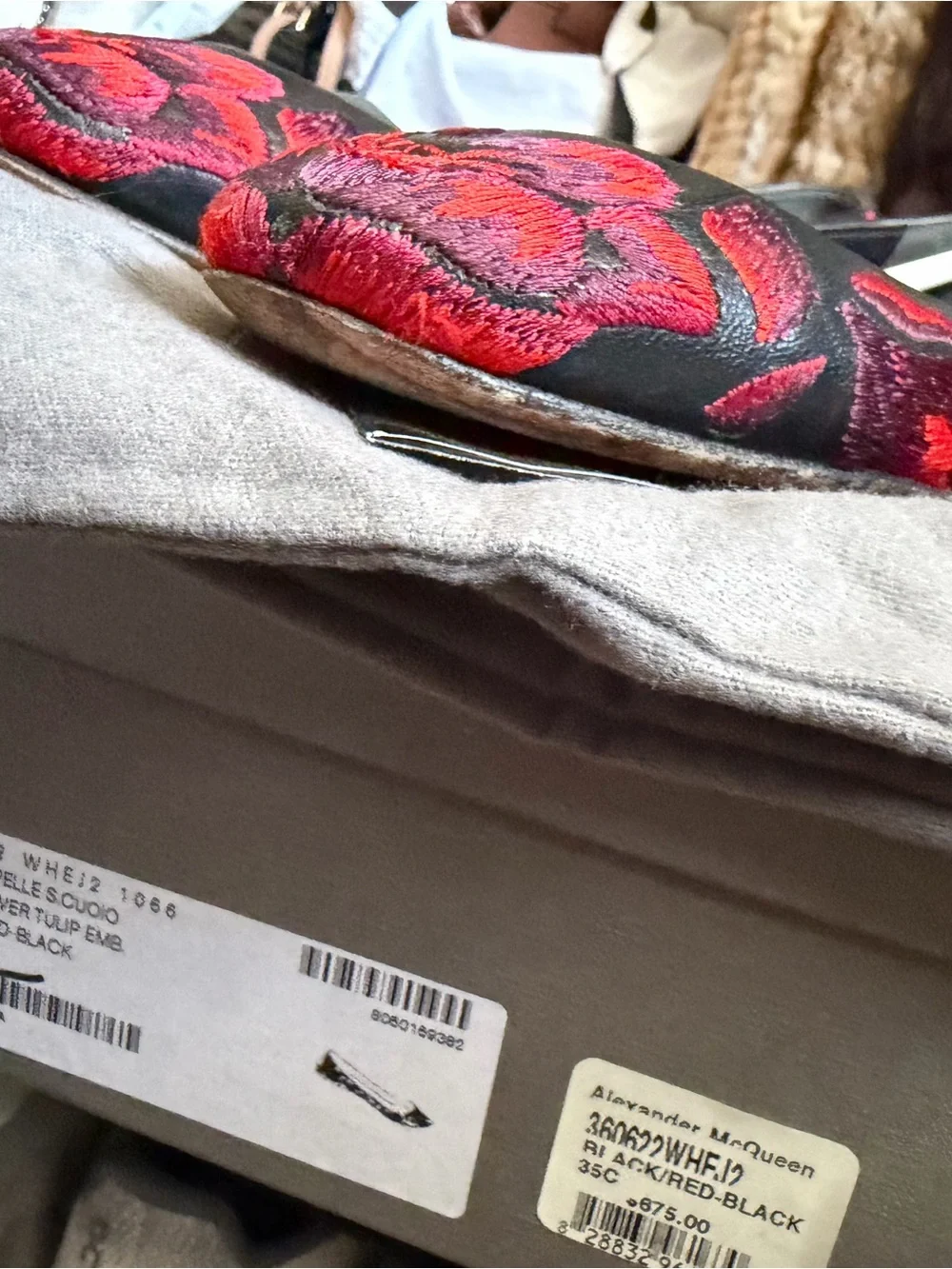 Alexander McQueen Black Leather Flats with Red Embroidered Floral Motif